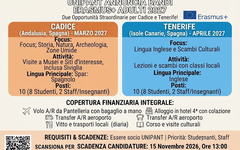 UNIPANT: aperte le selezioni per le mobilità adulti da Pantelleria all’Europa