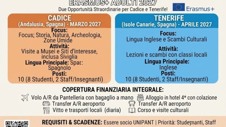 UNIPANT: aperte le selezioni per le mobilità adulti da Pantelleria all’Europa